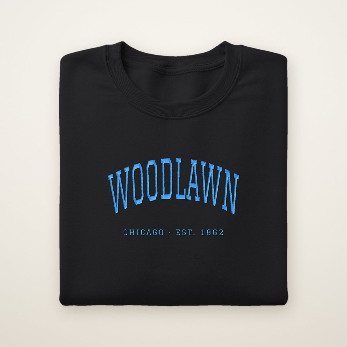 Woodlawn Chicago Embroidered Crewneck — Sky Blue Thread on Black