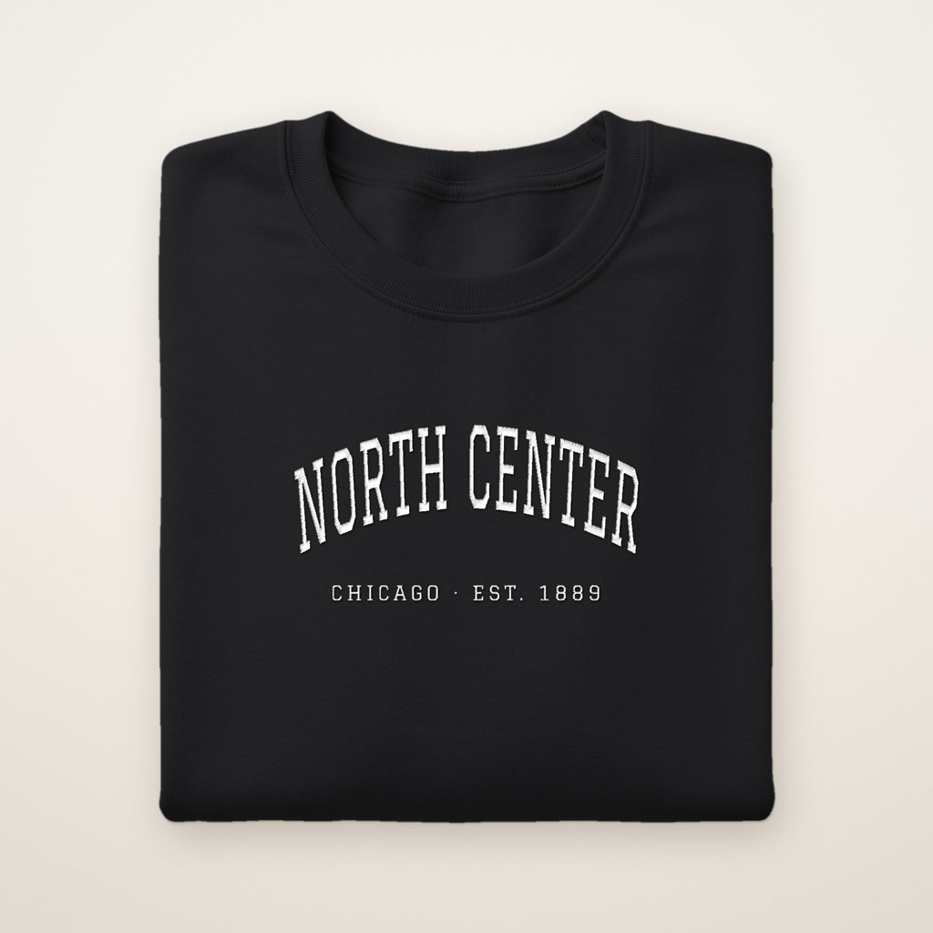 North Center Chicago Embroidered Crewneck — White Thread on Black