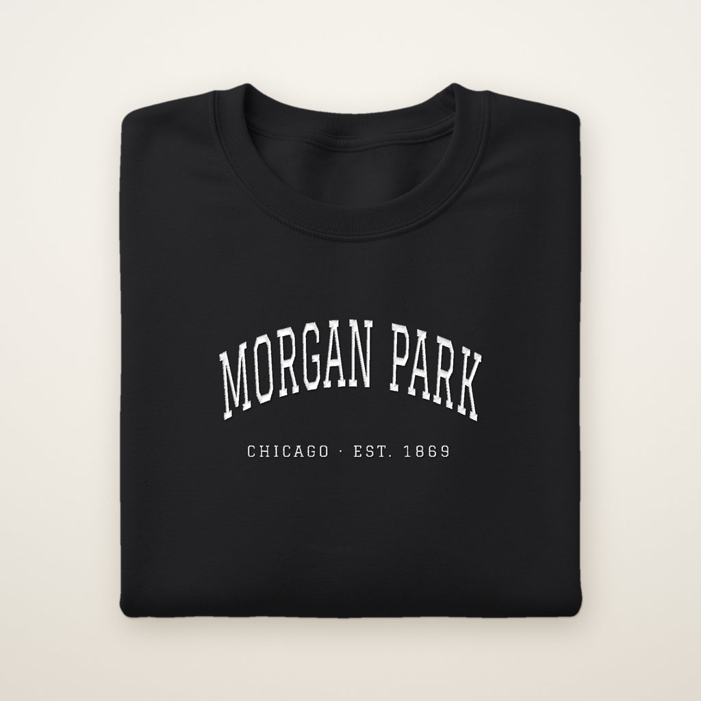 Morgan Park Chicago Embroidered Crewneck — White Thread on Black
