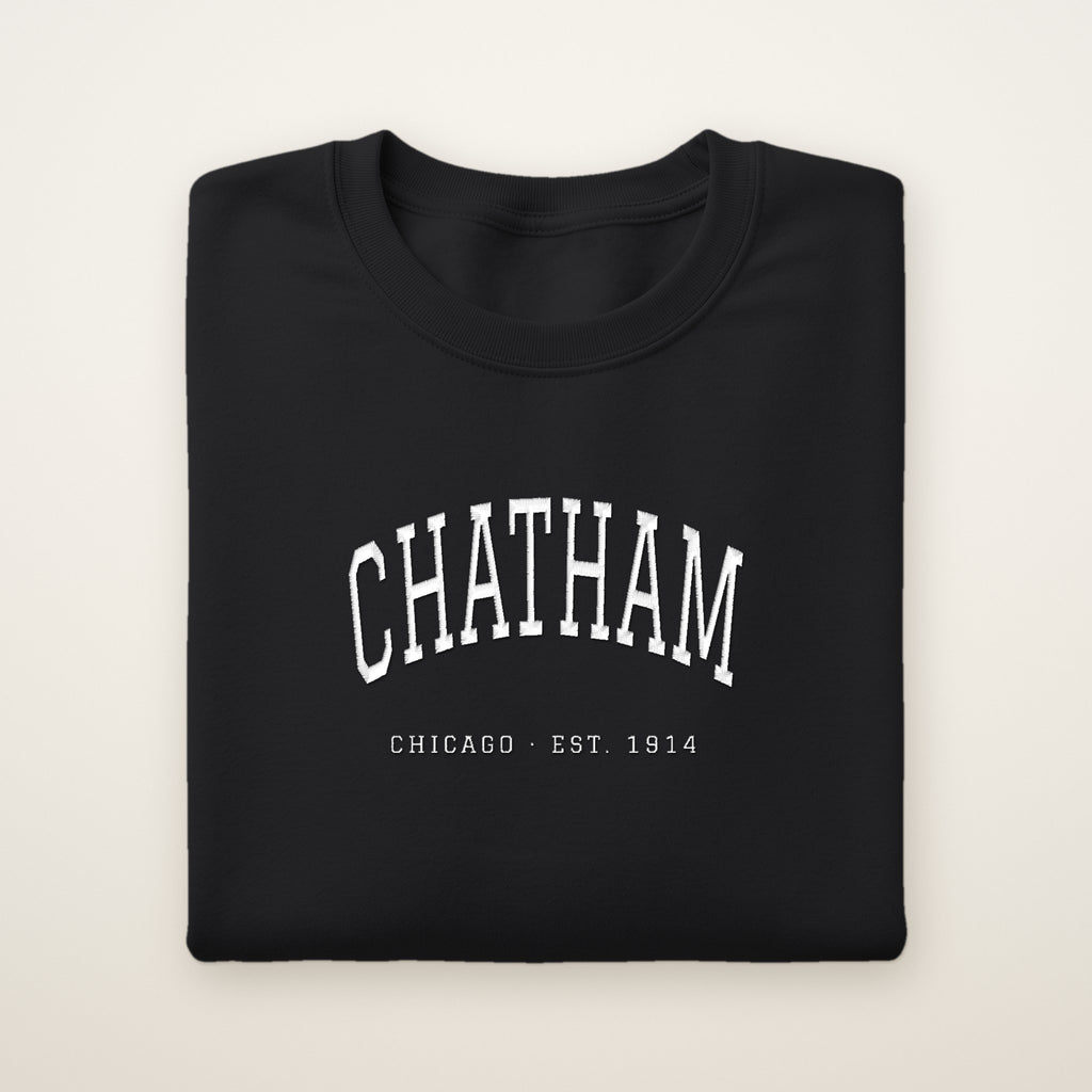 Chatham Chicago Embroidered Crewneck — White Thread on Black