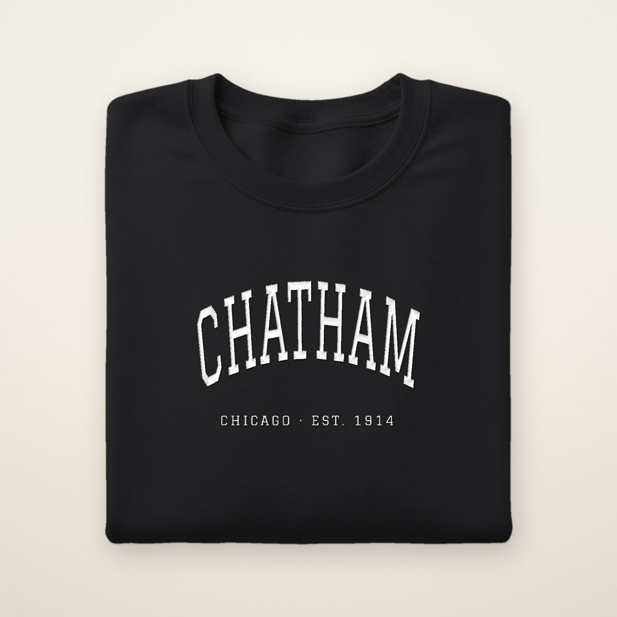 Chatham Chicago Embroidered Crewneck — White Thread on Black