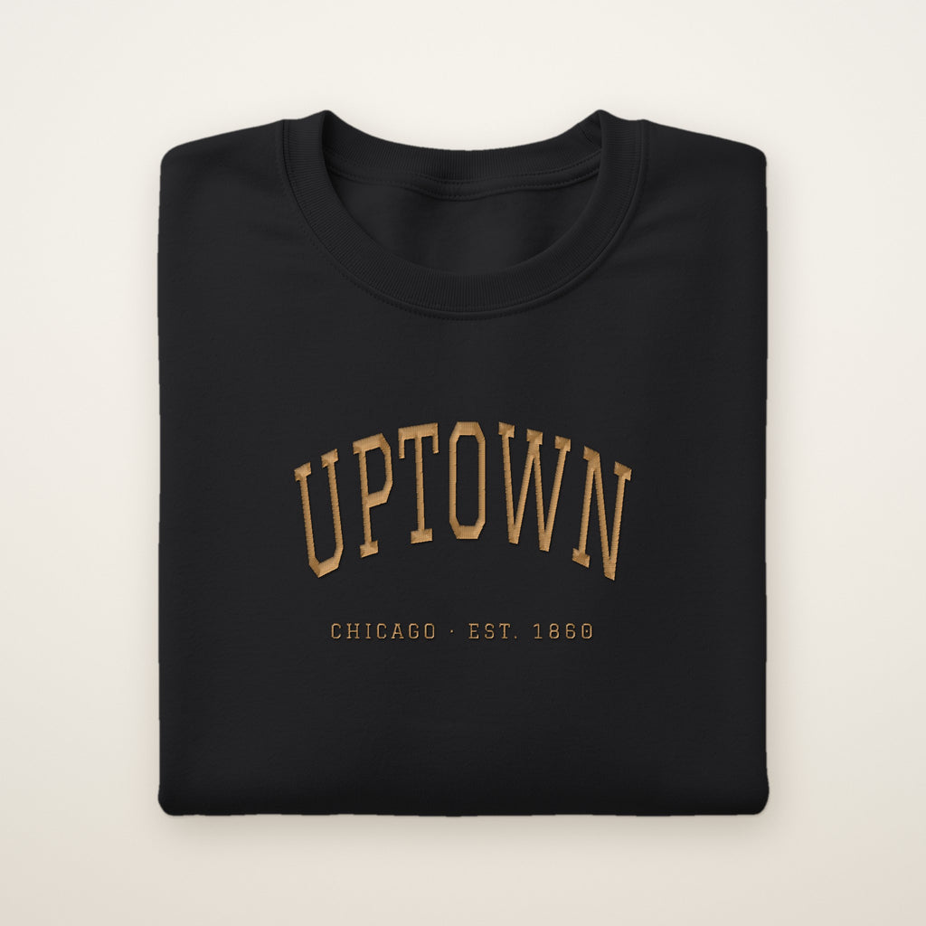 Uptown Chicago Embroidered Crewneck — Gold Thread on Black