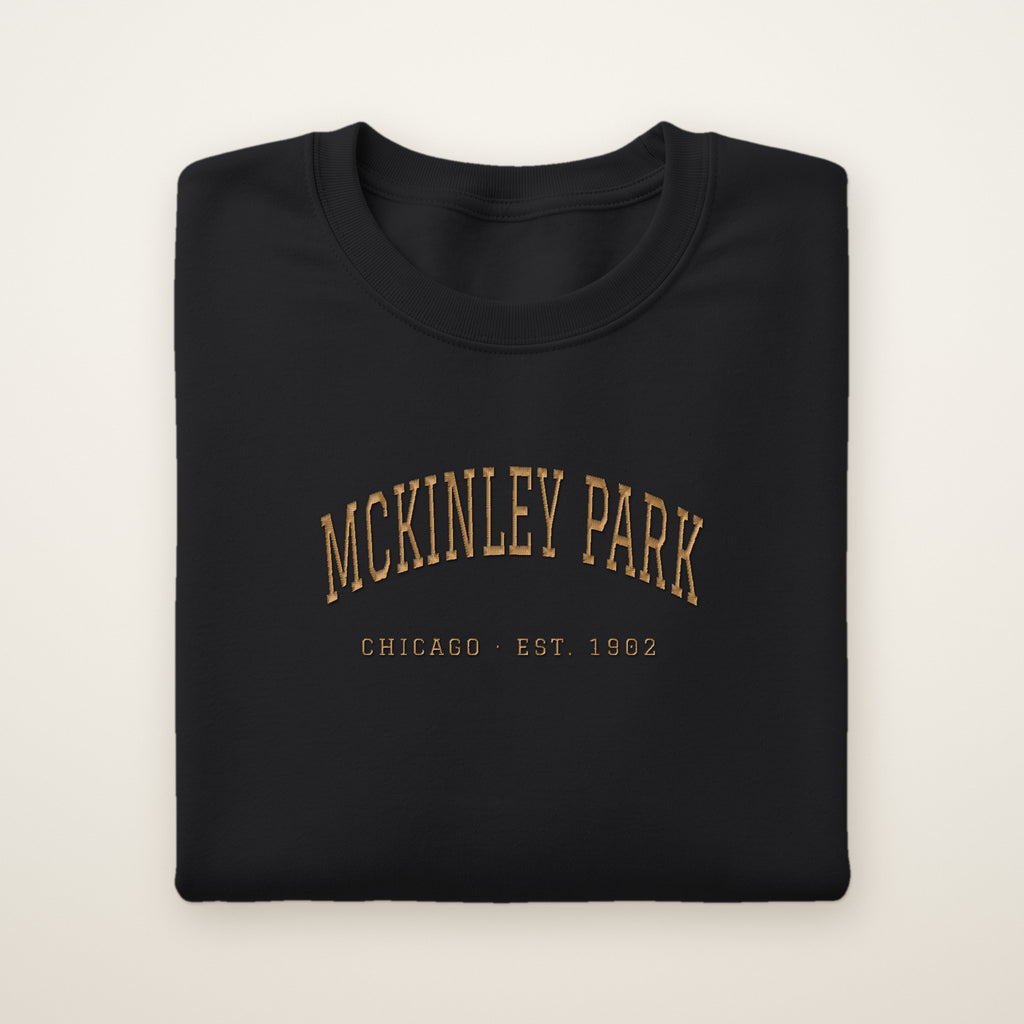 McKinley Park Chicago Embroidered Crewneck — Gold Thread on Black