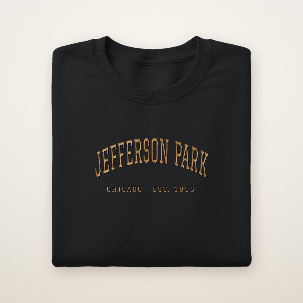 Jefferson Park Chicago Embroidered Crewneck — Gold Thread on Black