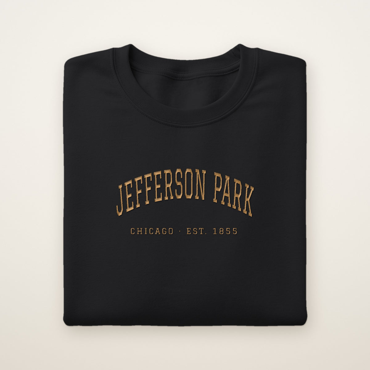 Jefferson Park Chicago Embroidered Crewneck — Gold Thread on Black