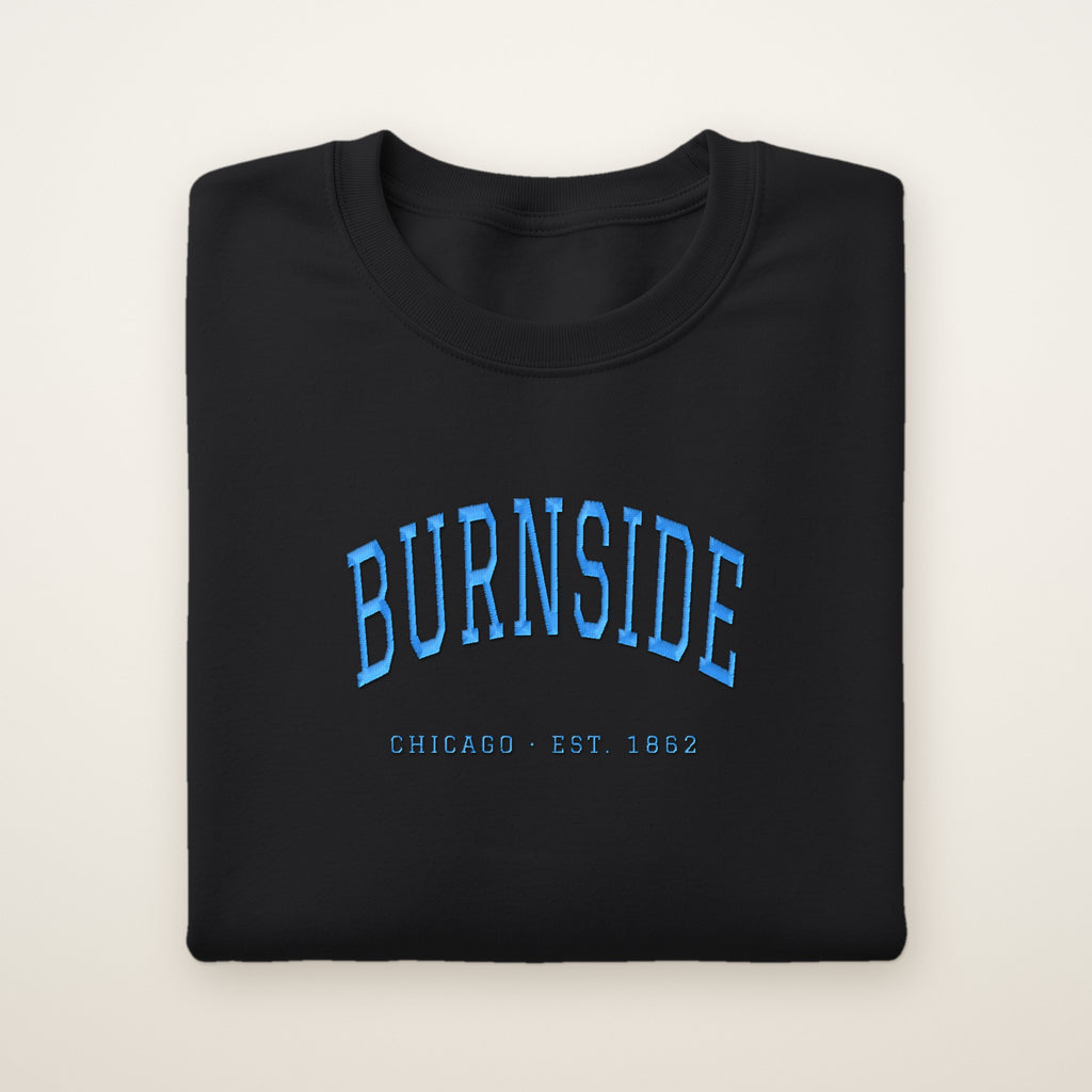 Burnside Chicago Embroidered Crewneck — Sky Blue Thread on Black