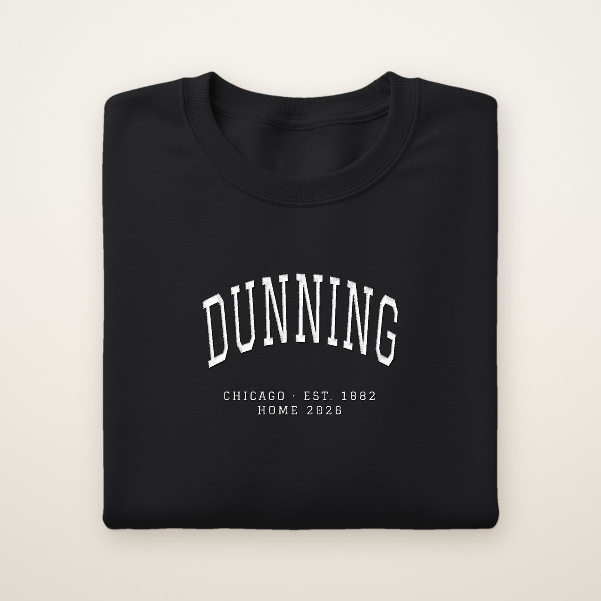 Dunning Chicago Home 2026 Embroidered Crewneck — White Thread on Black