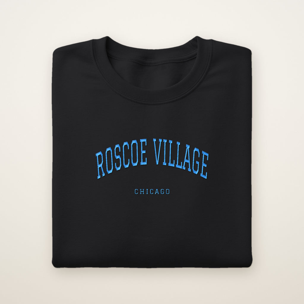 Roscoe Village Chicago Embroidered Crewneck — Sky Blue Thread on Black