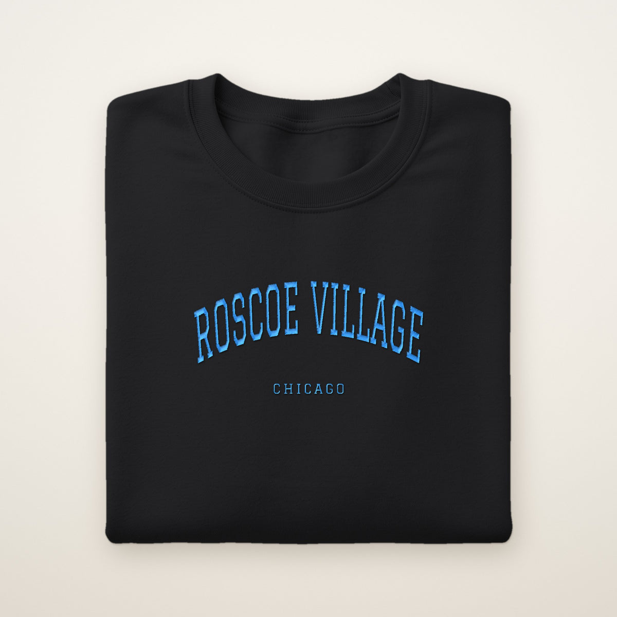 Roscoe Village Chicago Embroidered Crewneck — Sky Blue Thread on Black