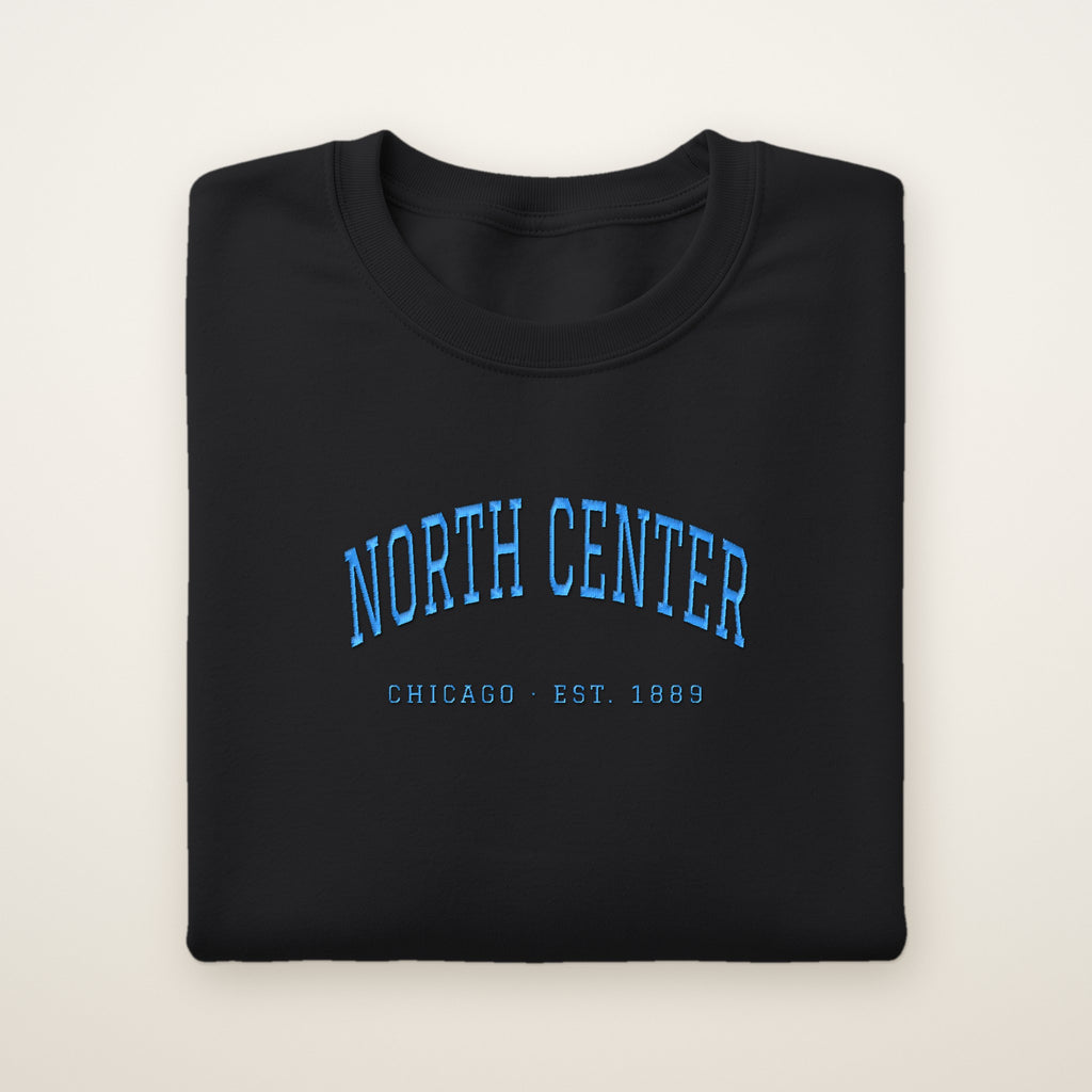 North Center Chicago Embroidered Crewneck — Sky Blue Thread on Black