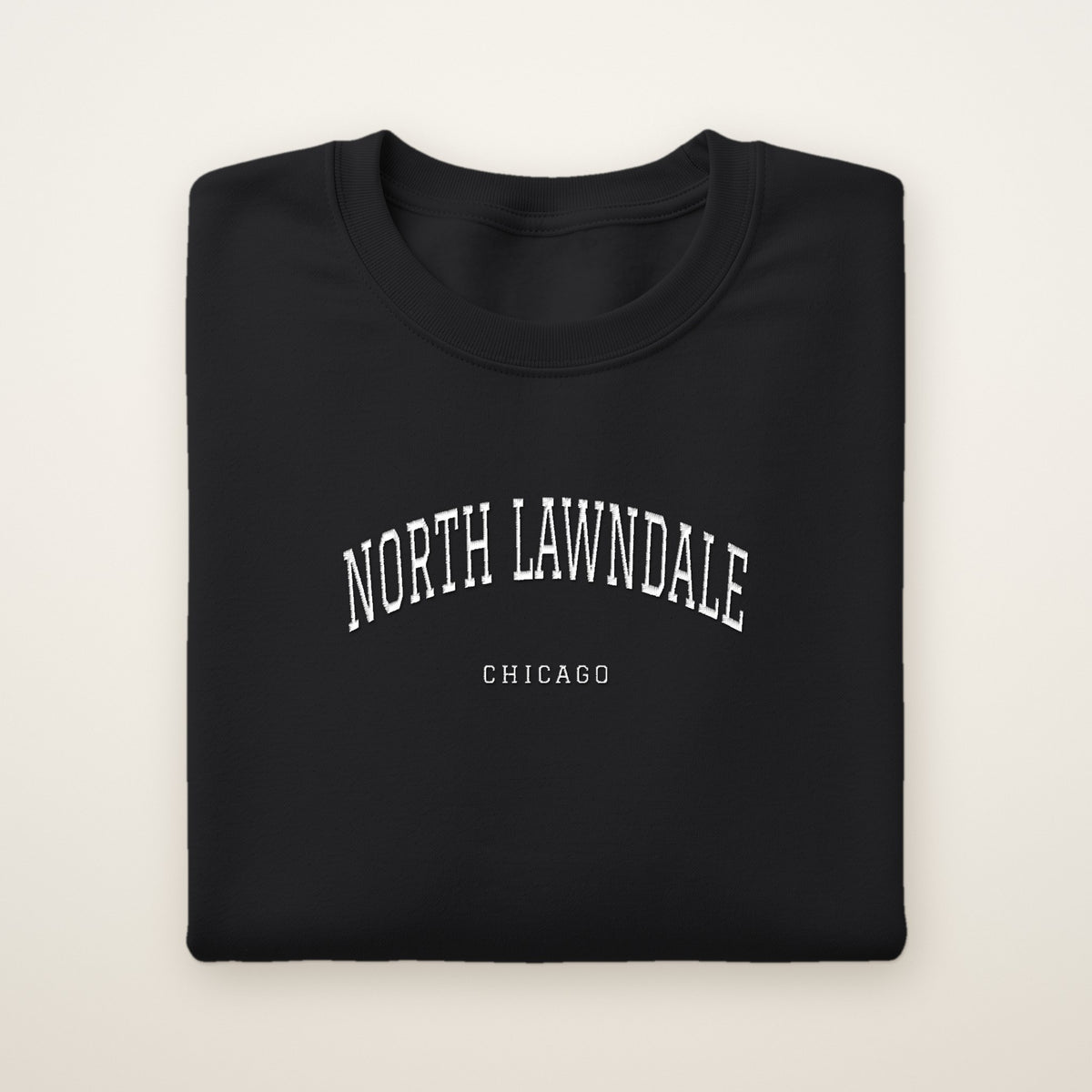 North Lawndale Chicago Embroidered Crewneck — White Thread on Black