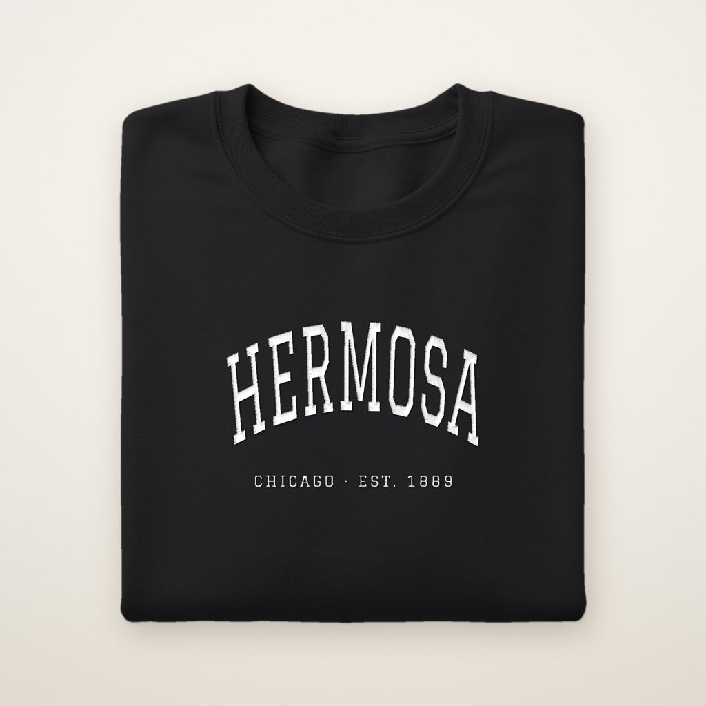 Hermosa Chicago Embroidered Crewneck — White Thread on Black
