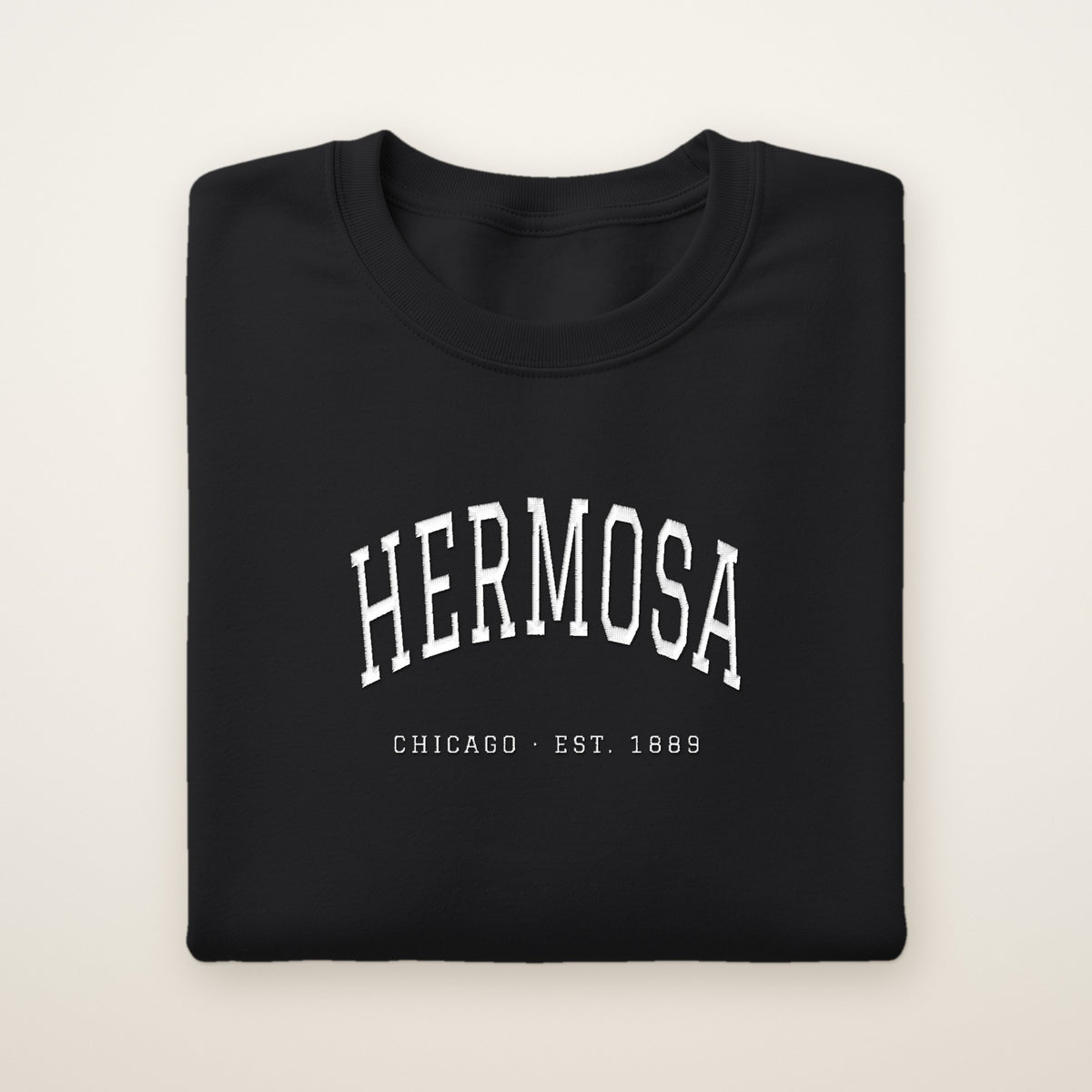 Hermosa Chicago Embroidered Crewneck — White Thread on Black