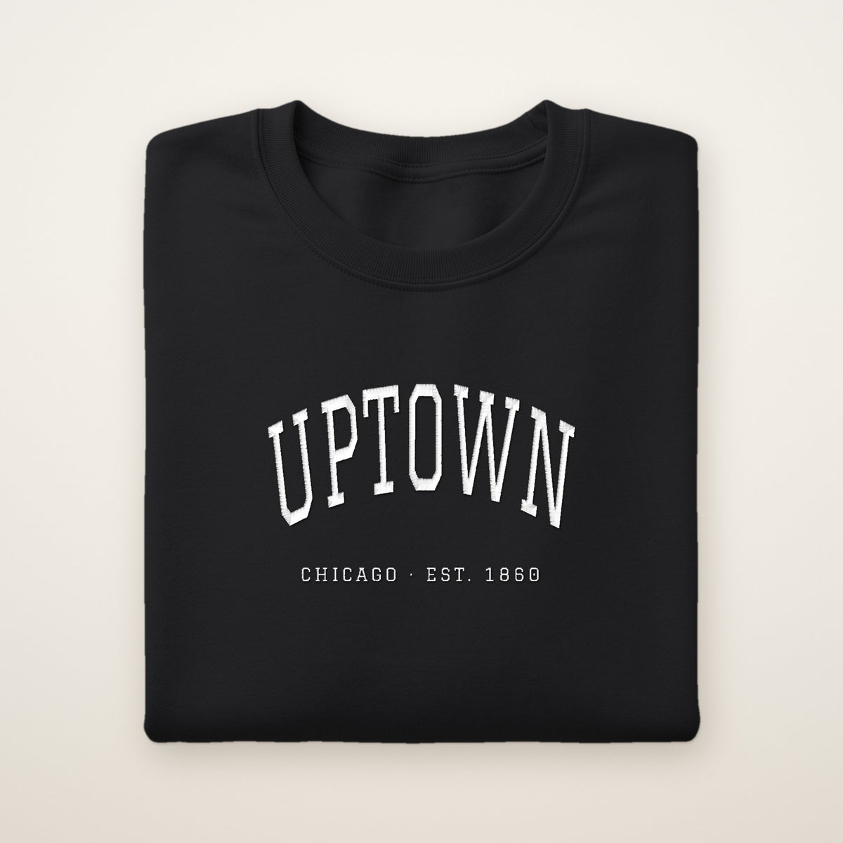 Uptown Chicago Embroidered Crewneck — White Thread on Black