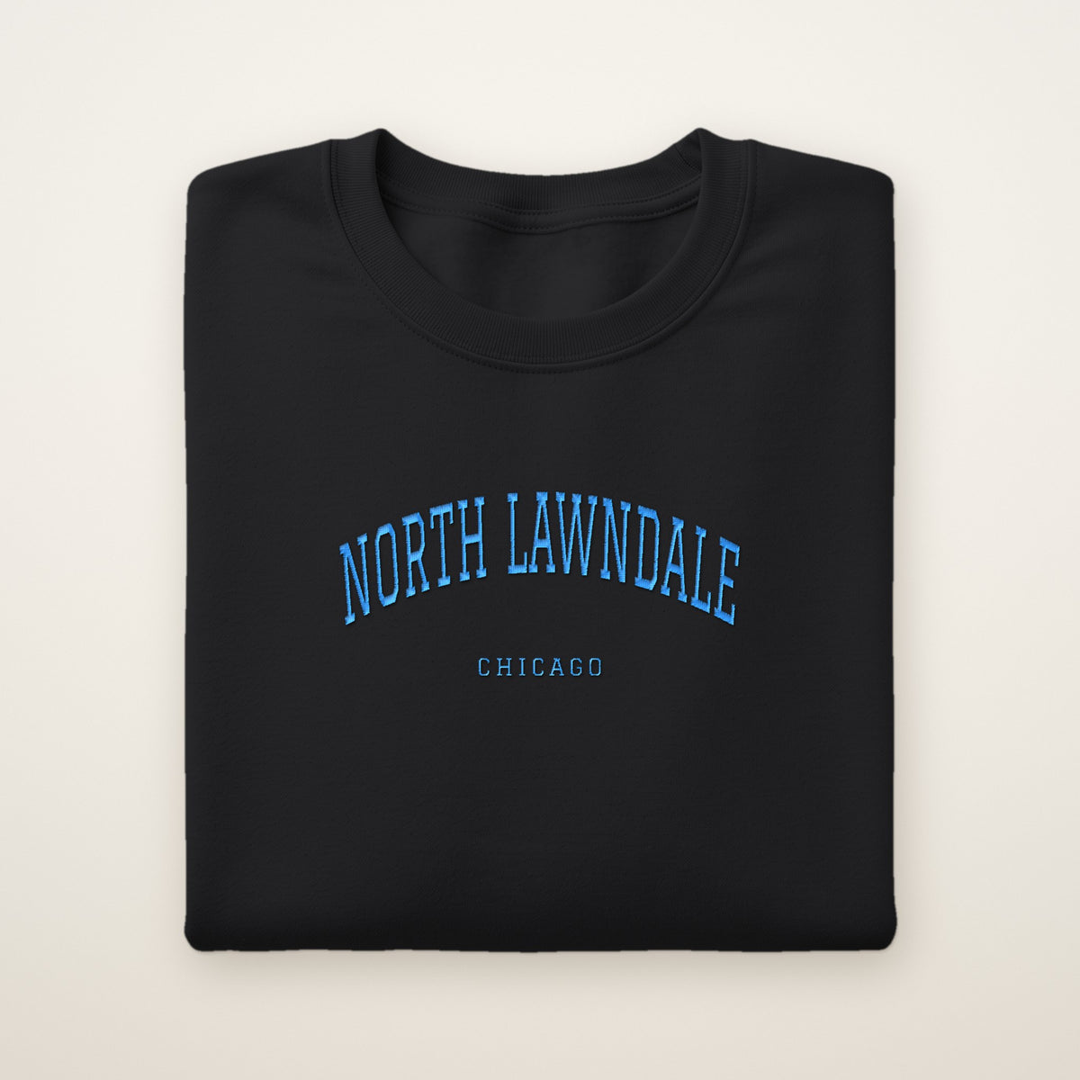 North Lawndale Chicago Embroidered Crewneck — Sky Blue Thread on Black
