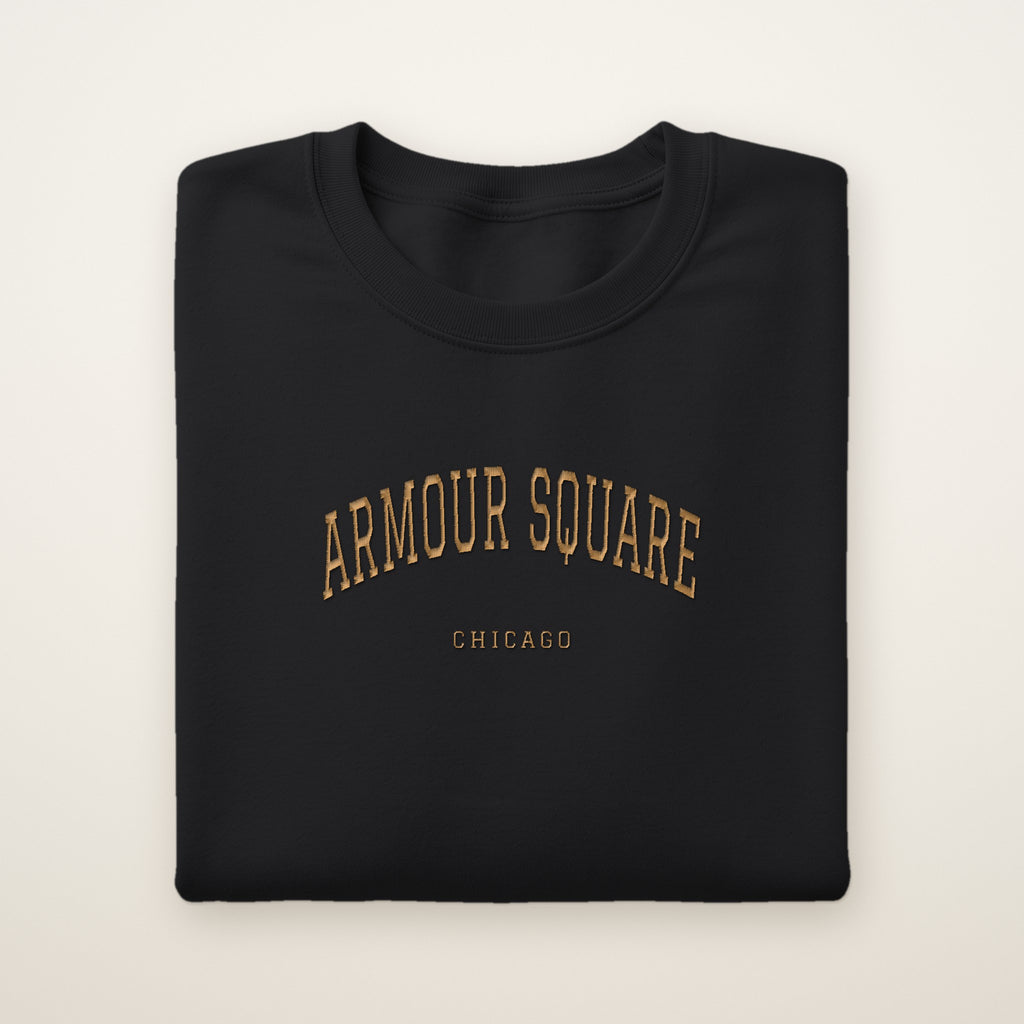 Armour Square Chicago Embroidered Crewneck — Gold Thread on Black