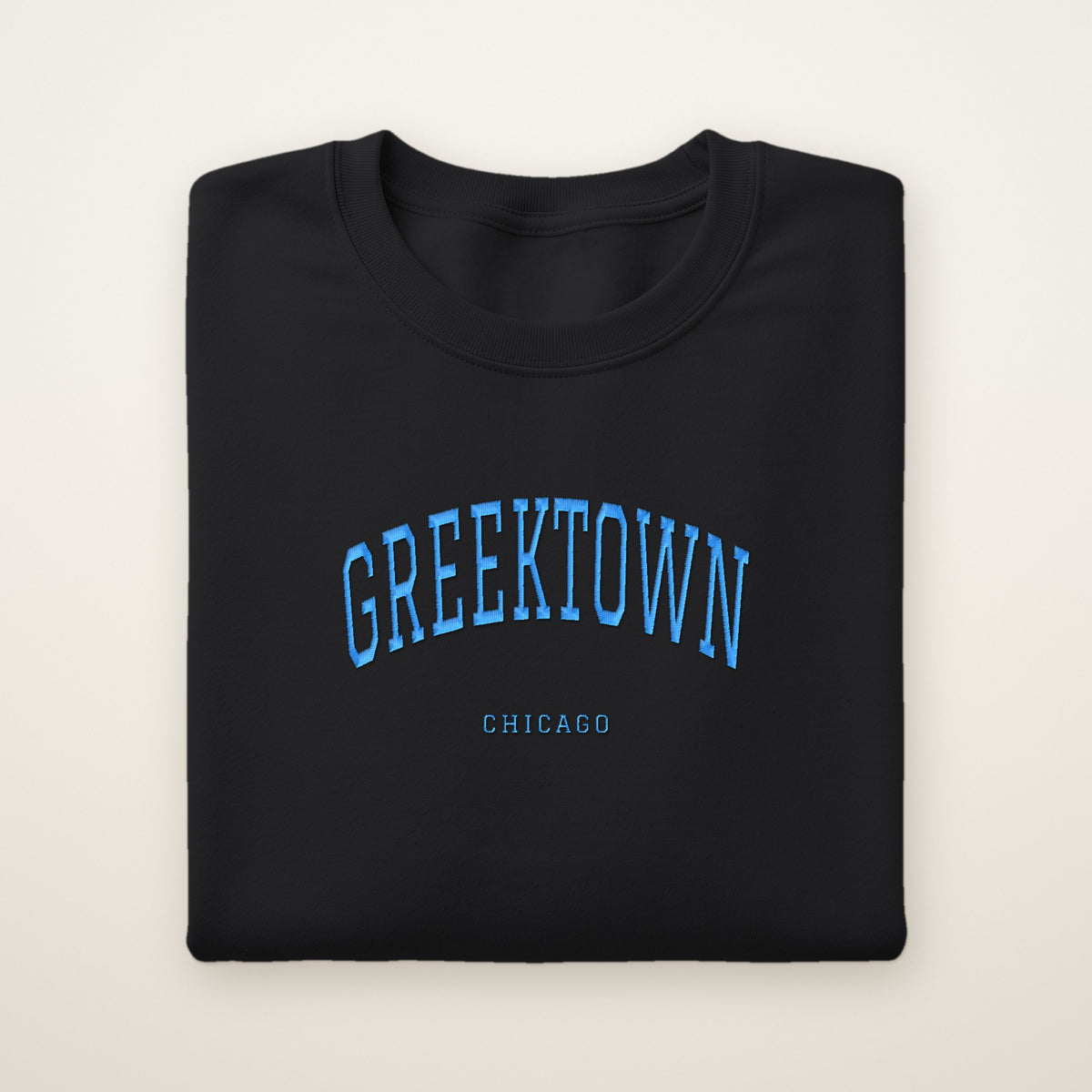 Greektown Chicago Embroidered Crewneck — Sky Blue Thread on Black