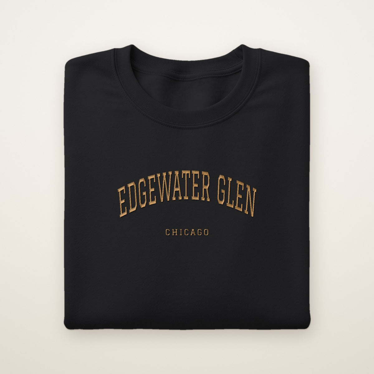 Edgewater Glen Chicago Embroidered Crewneck — Gold Thread on Black