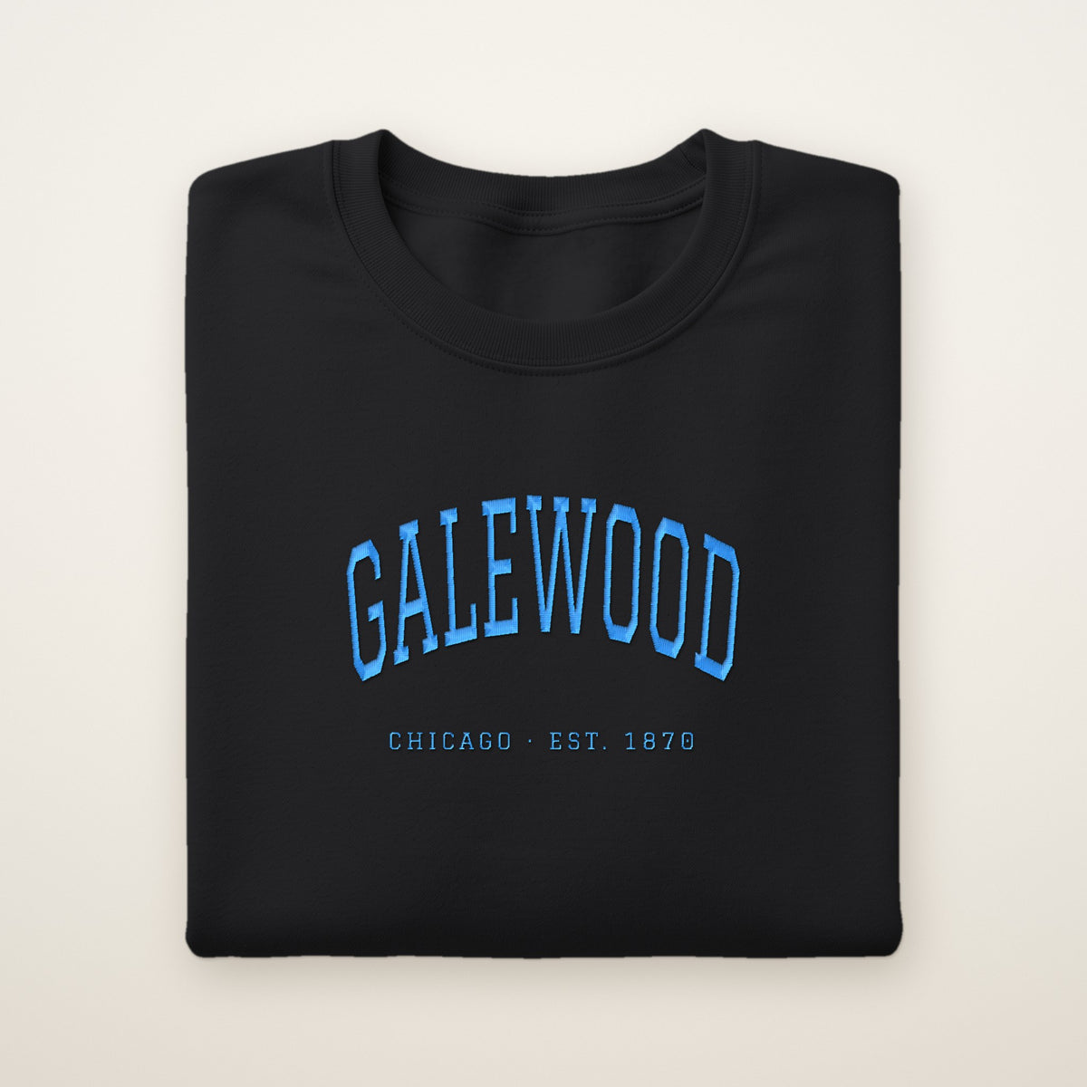 Galewood Chicago Embroidered Crewneck — Sky Blue Thread on Black