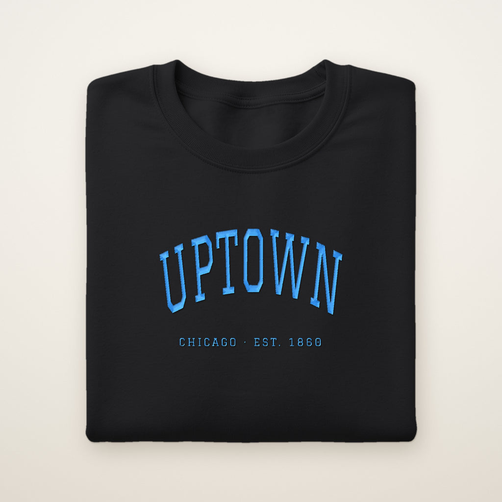 Uptown Chicago Embroidered Crewneck — Sky Blue Thread on Black