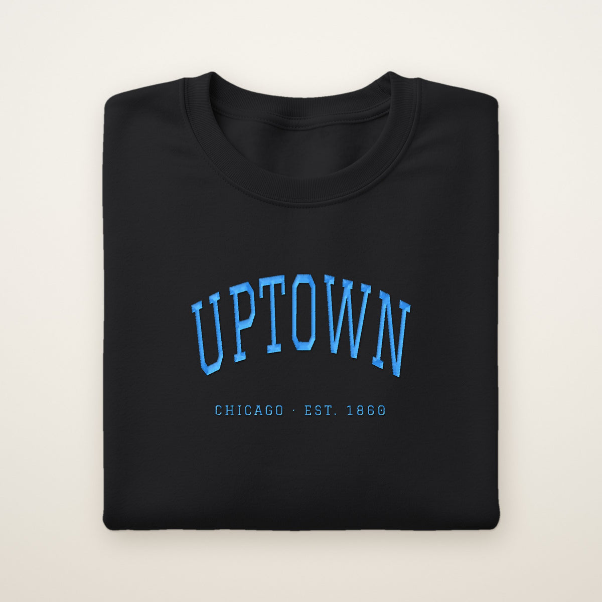 Uptown Chicago Embroidered Crewneck — Sky Blue Thread on Black