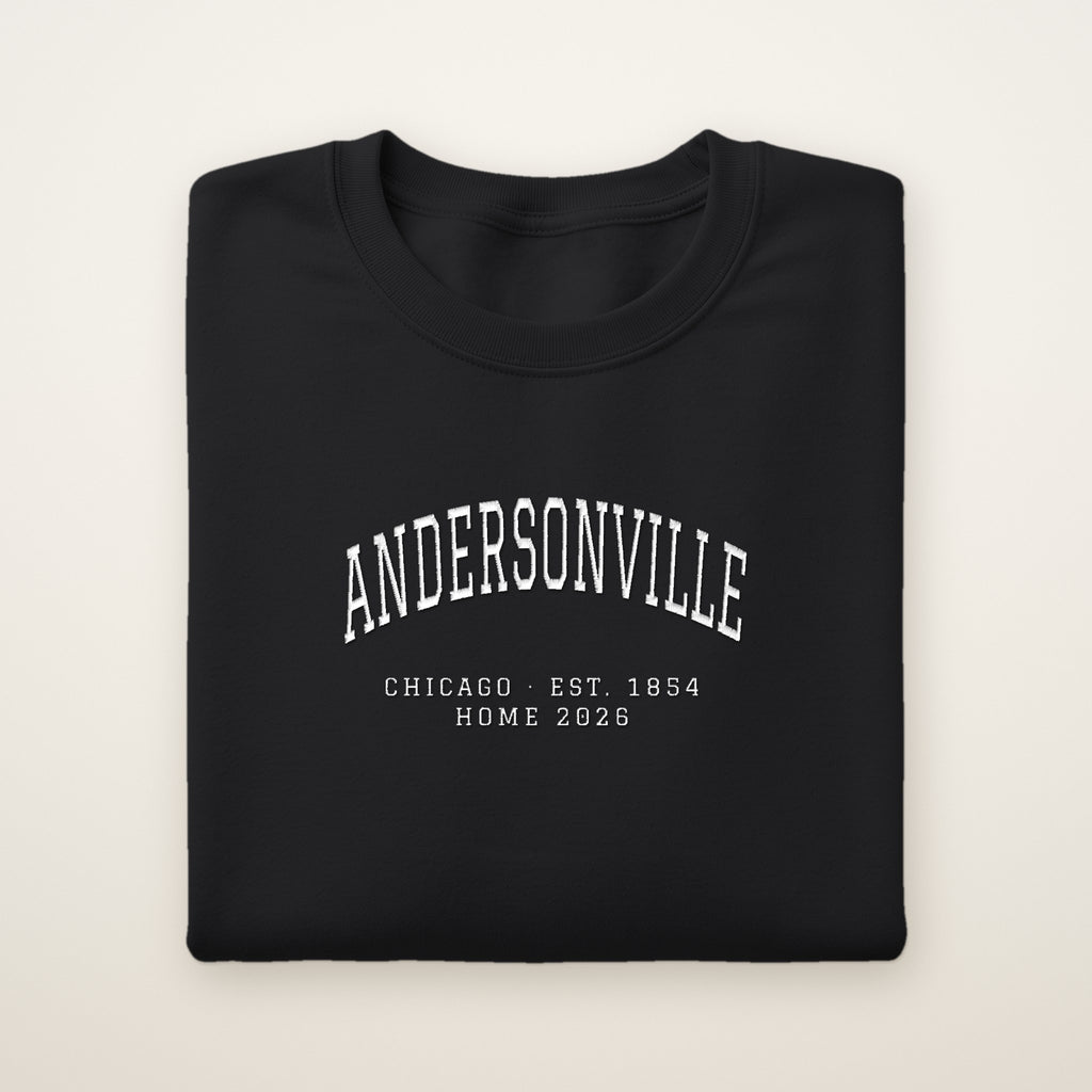 Andersonville Chicago Home 2026 Embroidered Crewneck — White Thread on Black