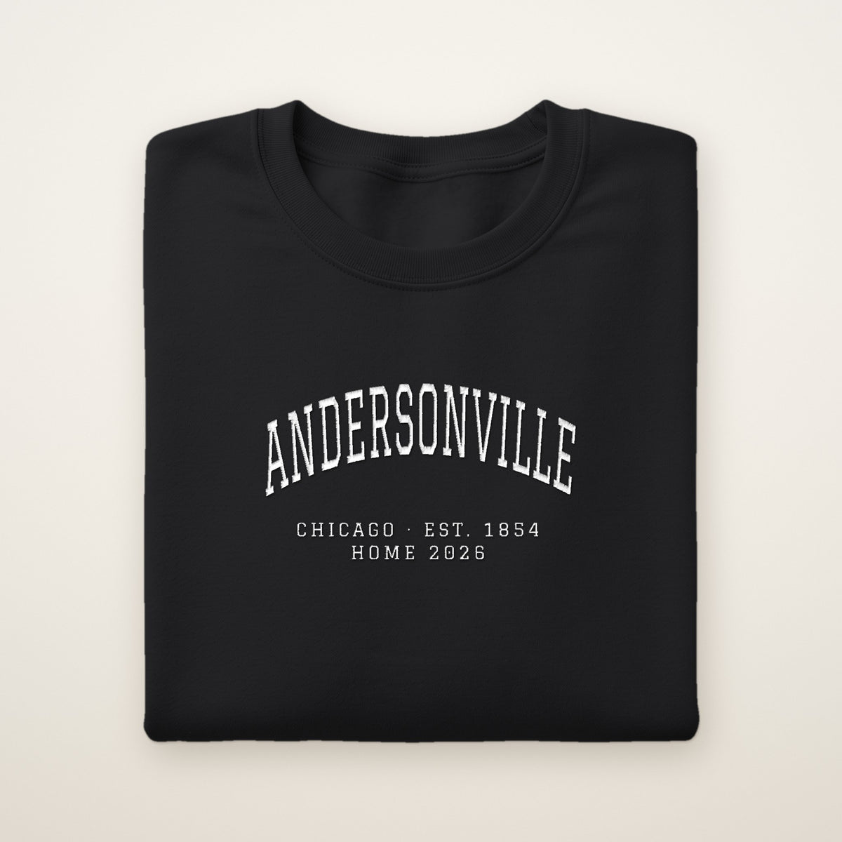 Andersonville Chicago Home 2026 Embroidered Crewneck — White Thread on Black