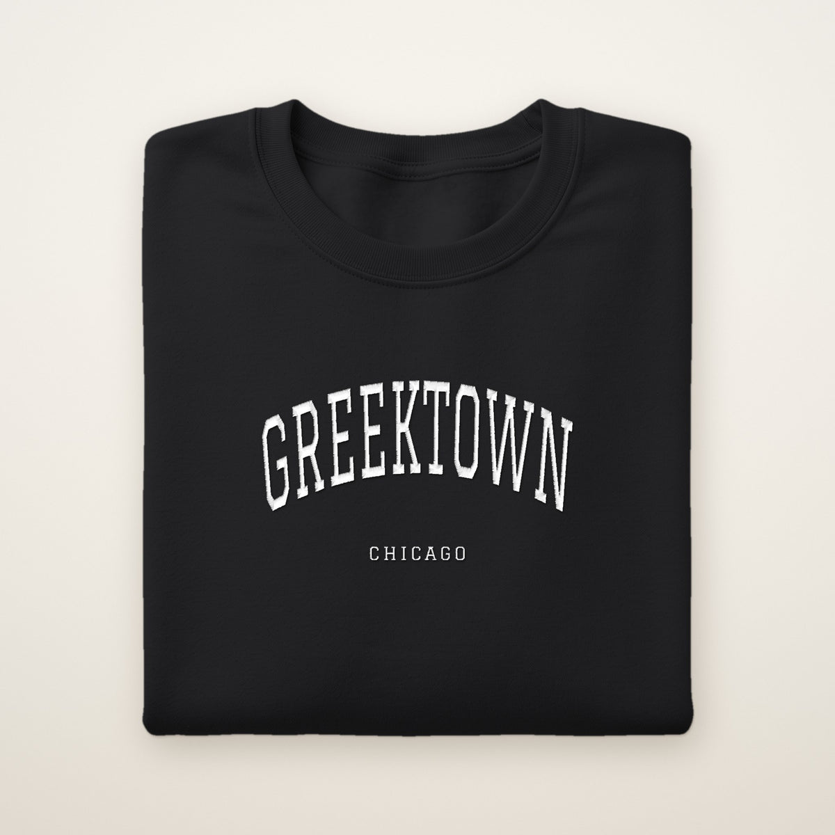 Greektown Chicago Embroidered Crewneck — White Thread on Black