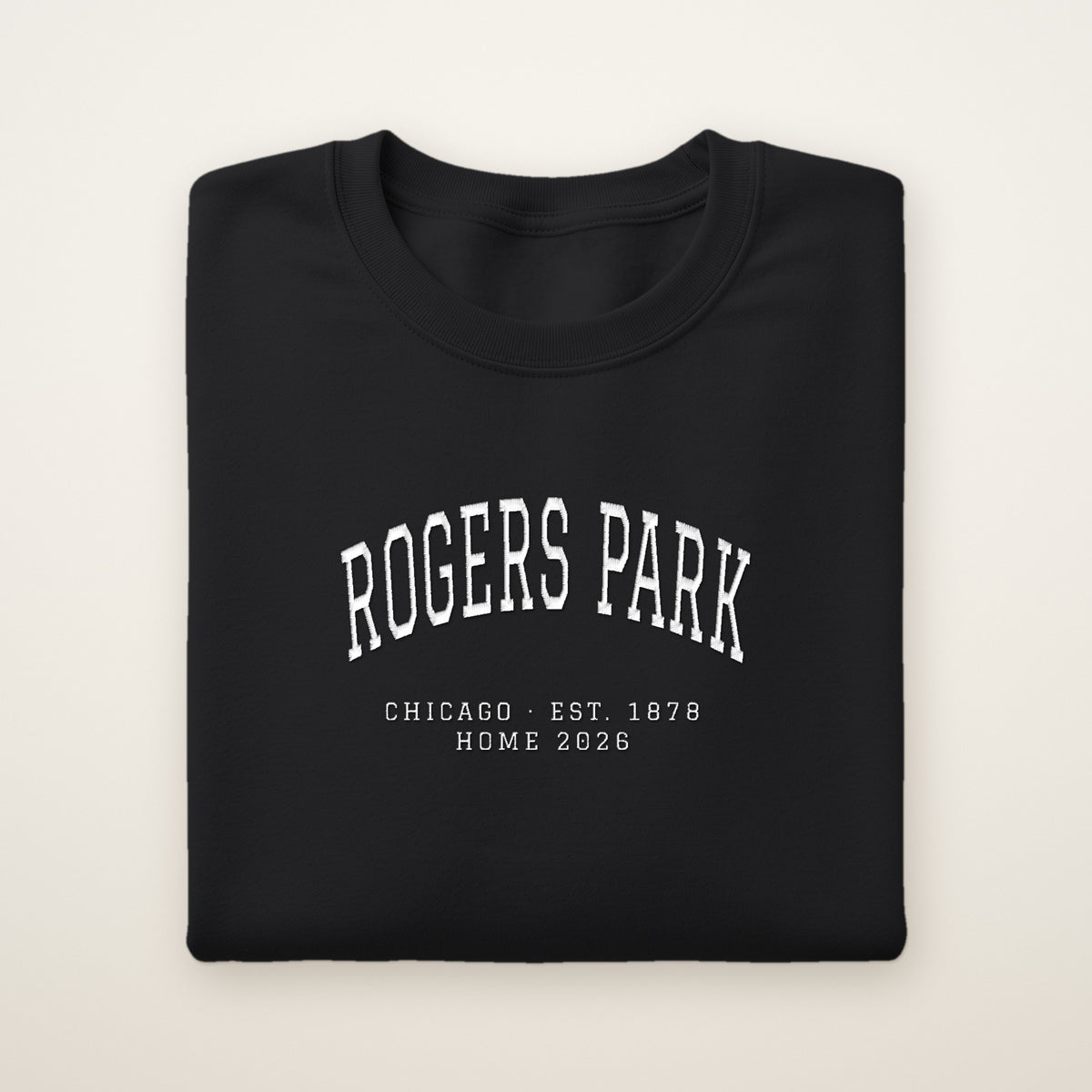 Rogers Park Chicago Home 2026 Embroidered Crewneck — White Thread on Black