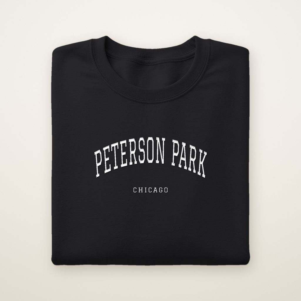 Peterson Park Chicago Embroidered Crewneck — White Thread on Black
