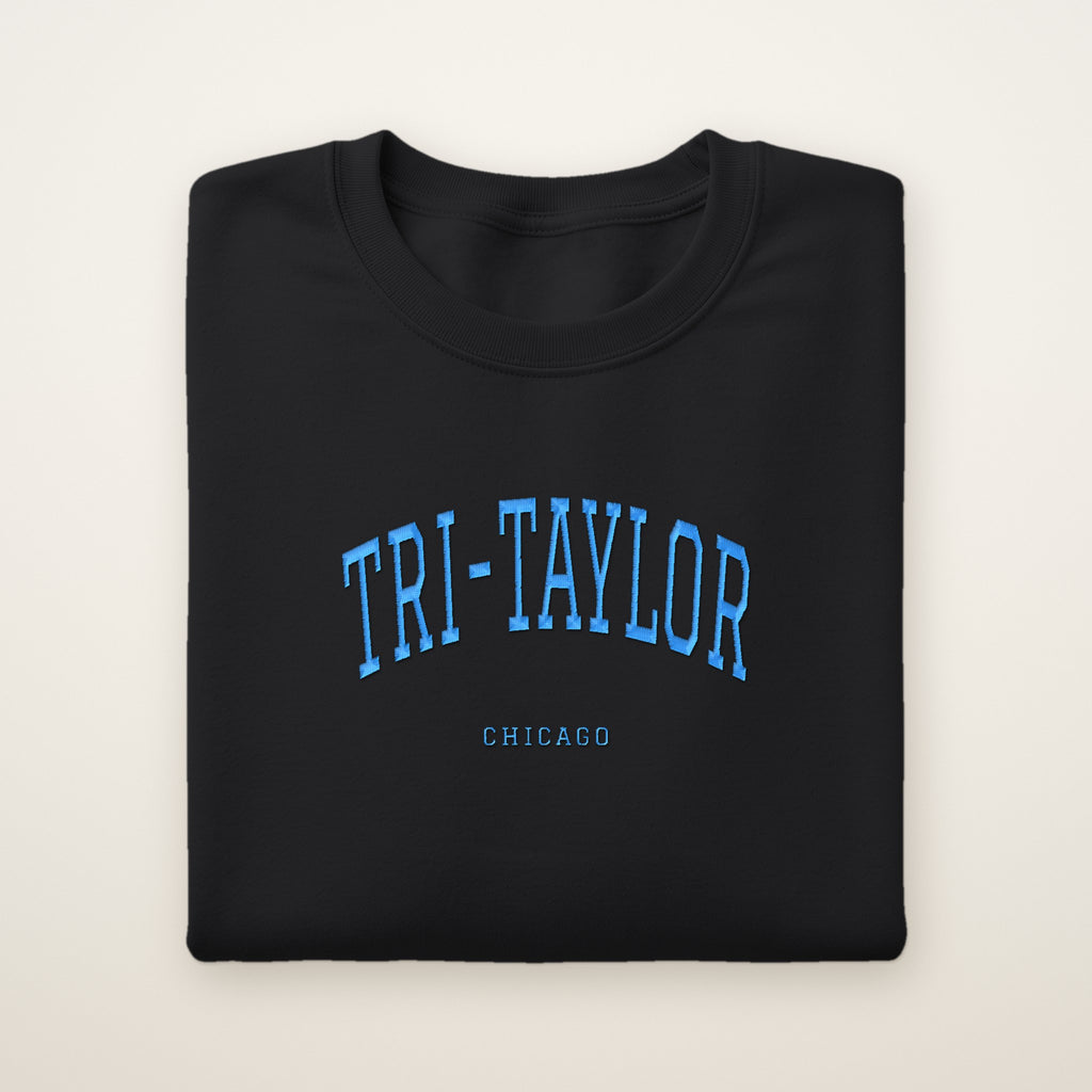 Tri-Taylor Chicago Embroidered Crewneck — Sky Blue Thread on Black