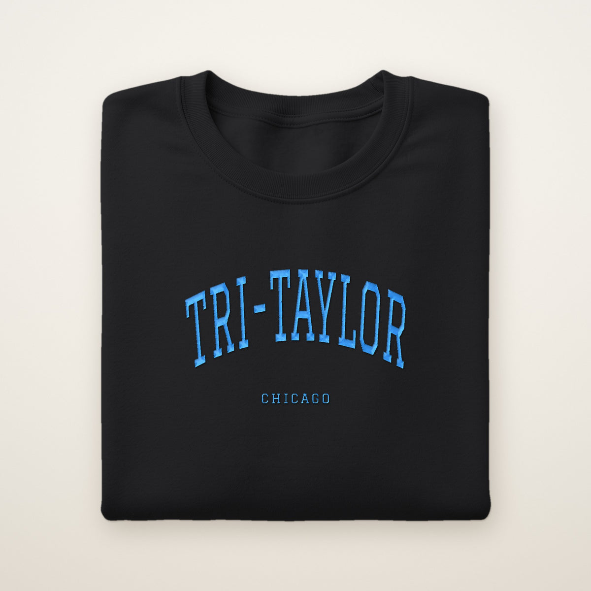 Tri-Taylor Chicago Embroidered Crewneck — Sky Blue Thread on Black