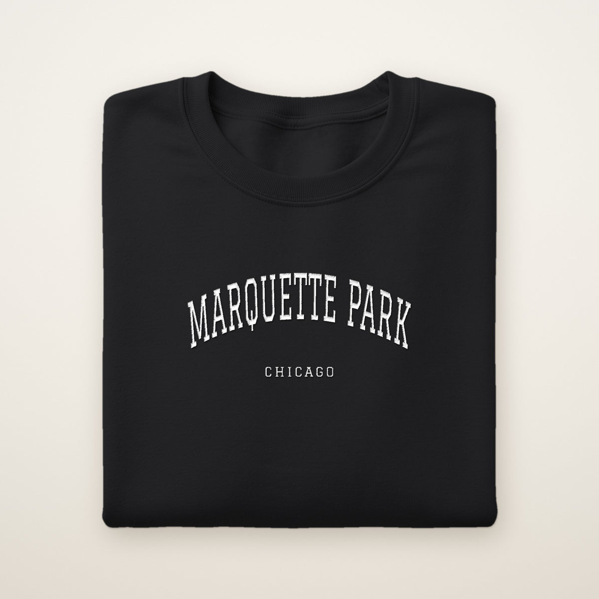 Marquette Park Chicago Embroidered Crewneck — White Thread on Black