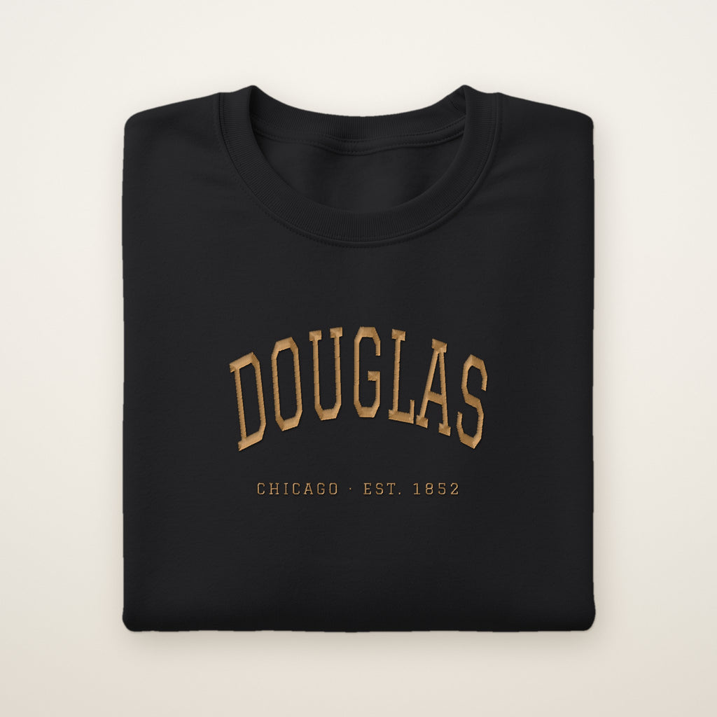 Douglas Chicago Embroidered Crewneck — Gold Thread on Black
