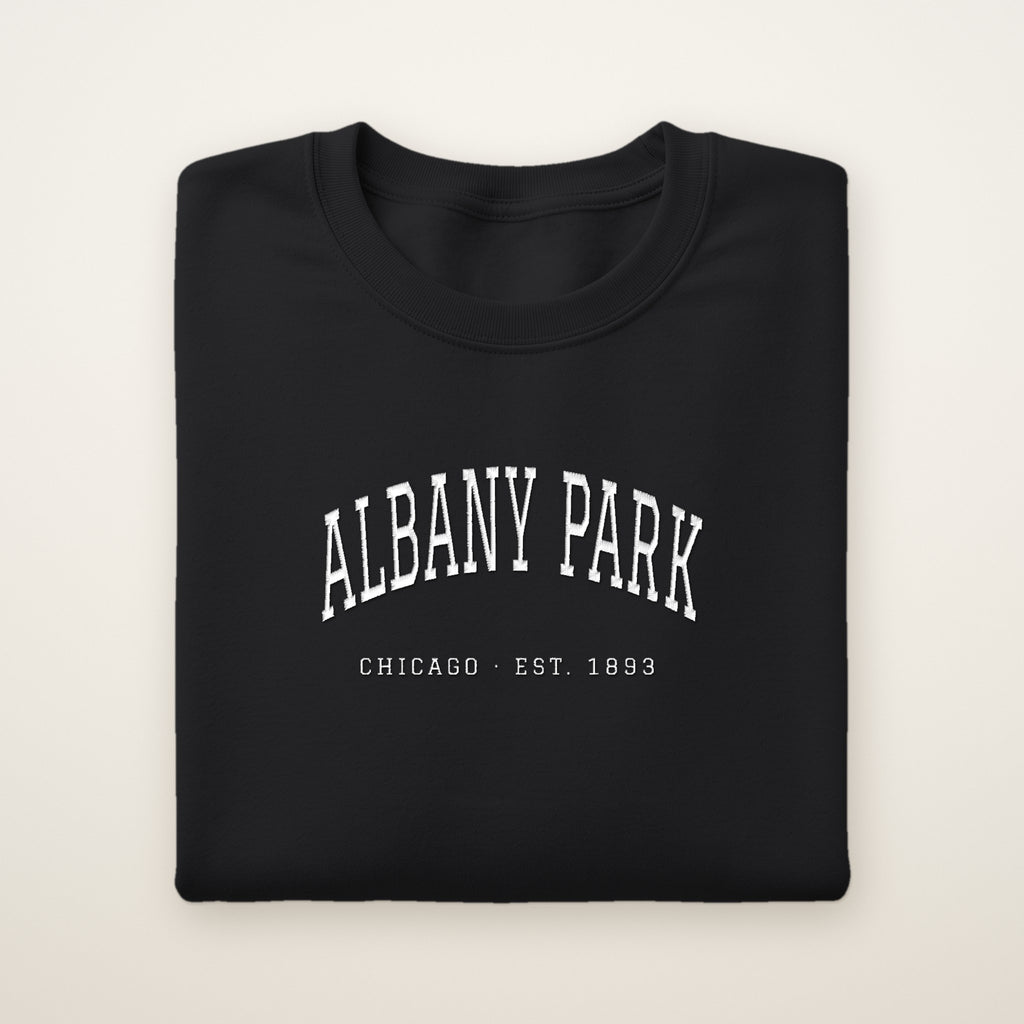 Albany Park Chicago Embroidered Crewneck — White Thread on Black