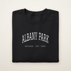 Albany Park Chicago Embroidered Crewneck — White Thread on Black