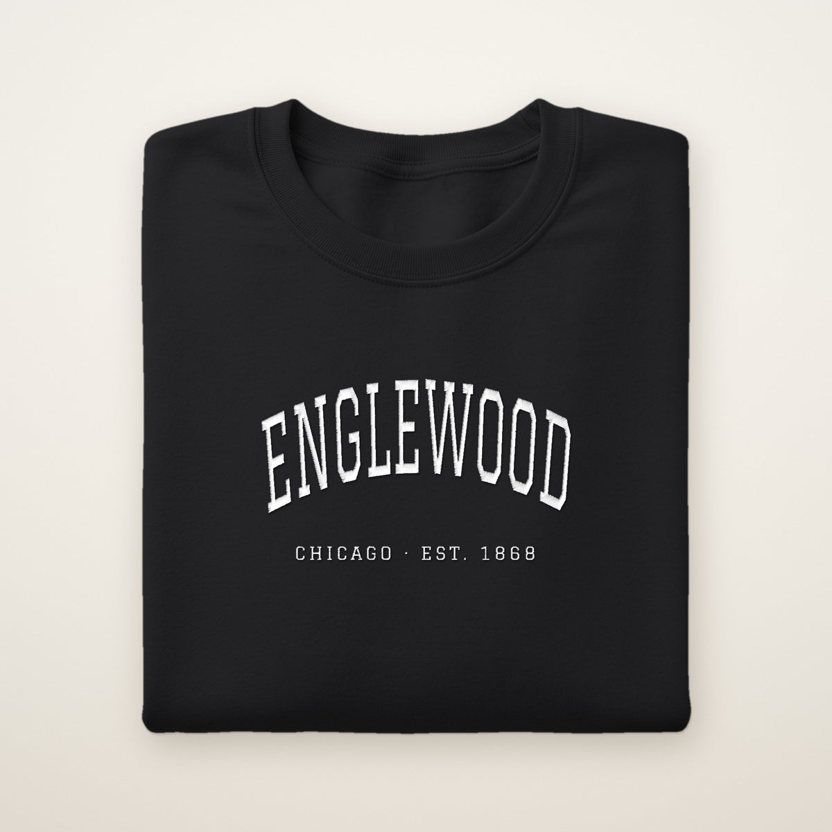 Englewood Chicago Embroidered Crewneck — White Thread on Black