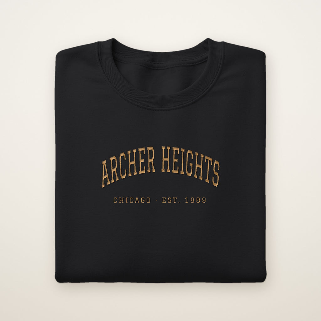 Archer Heights Chicago Embroidered Crewneck — Gold Thread on Black