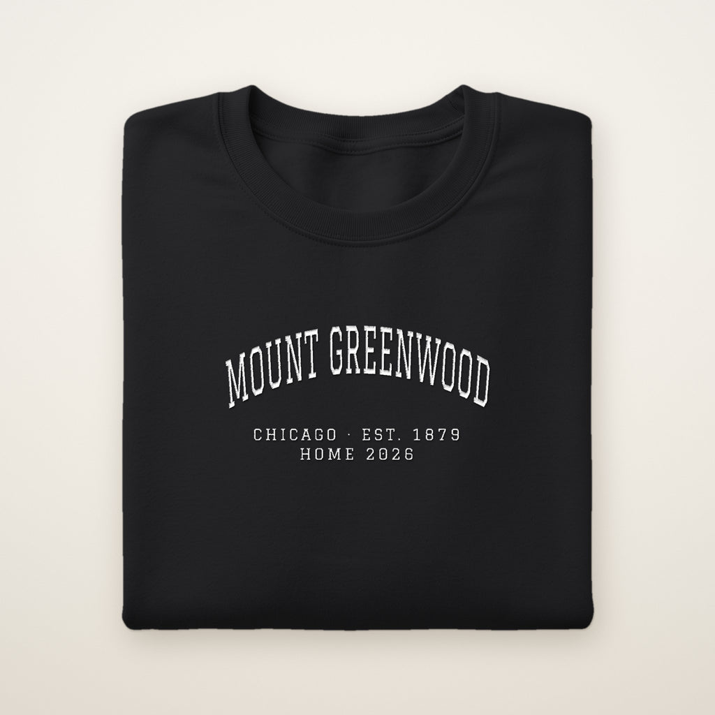 Mount Greenwood Chicago Home 2026 Embroidered Crewneck — White Thread on Black