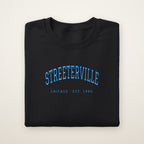 Streeterville Chicago Embroidered Crewneck — Sky Blue Thread on Black