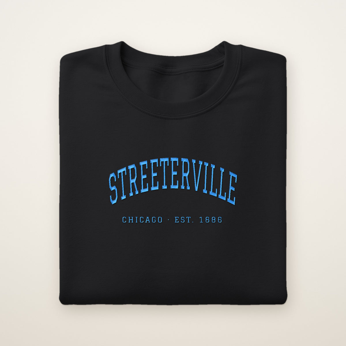 Streeterville Chicago Embroidered Crewneck — Sky Blue Thread on Black