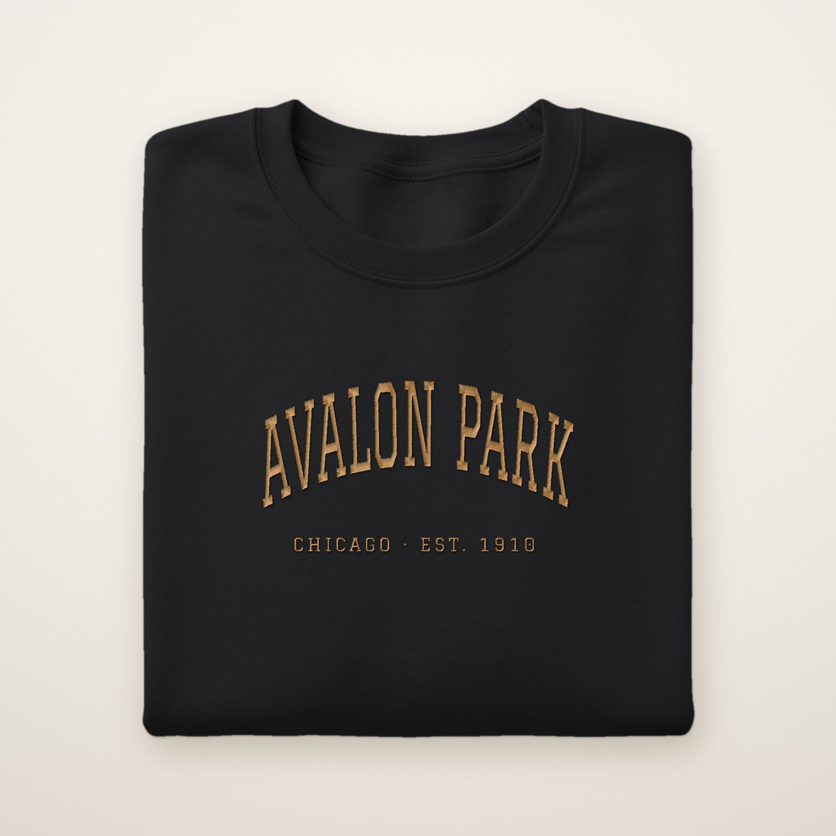 Avalon Park Chicago Embroidered Crewneck — Gold Thread on Black