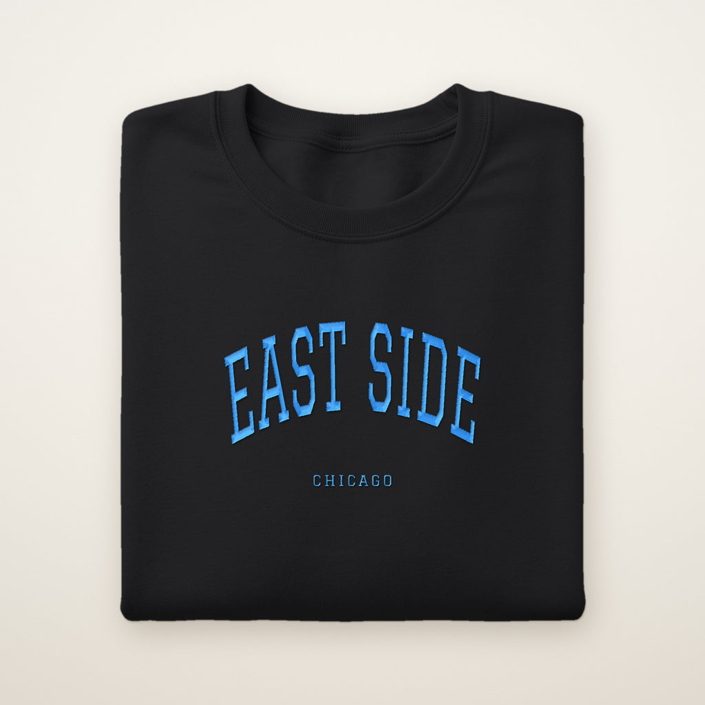 East Side Chicago Embroidered Crewneck — Sky Blue Thread on Black