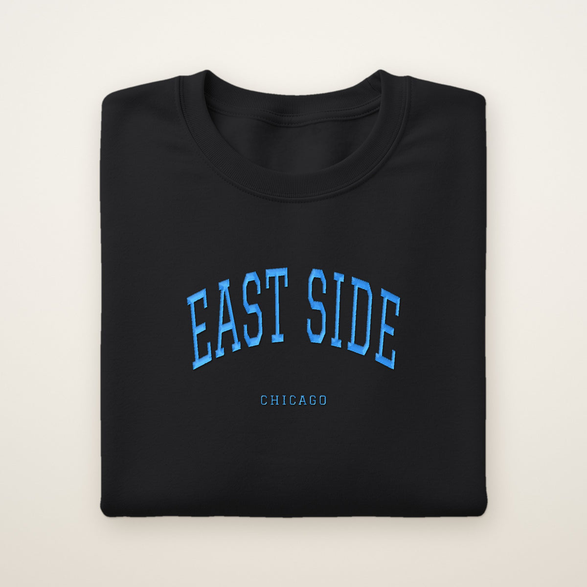 East Side Chicago Embroidered Crewneck — Sky Blue Thread on Black