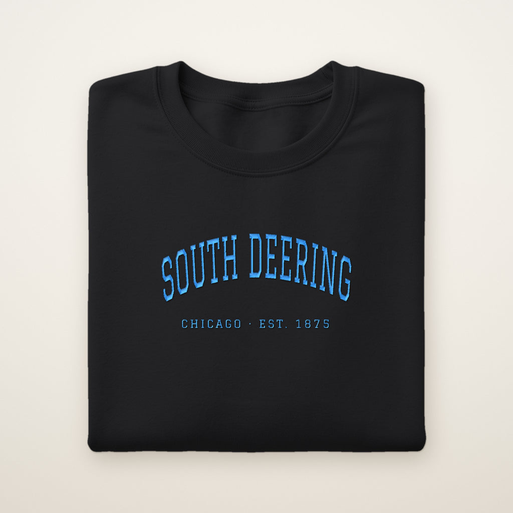 South Deering Chicago Embroidered Crewneck — Sky Blue Thread on Black