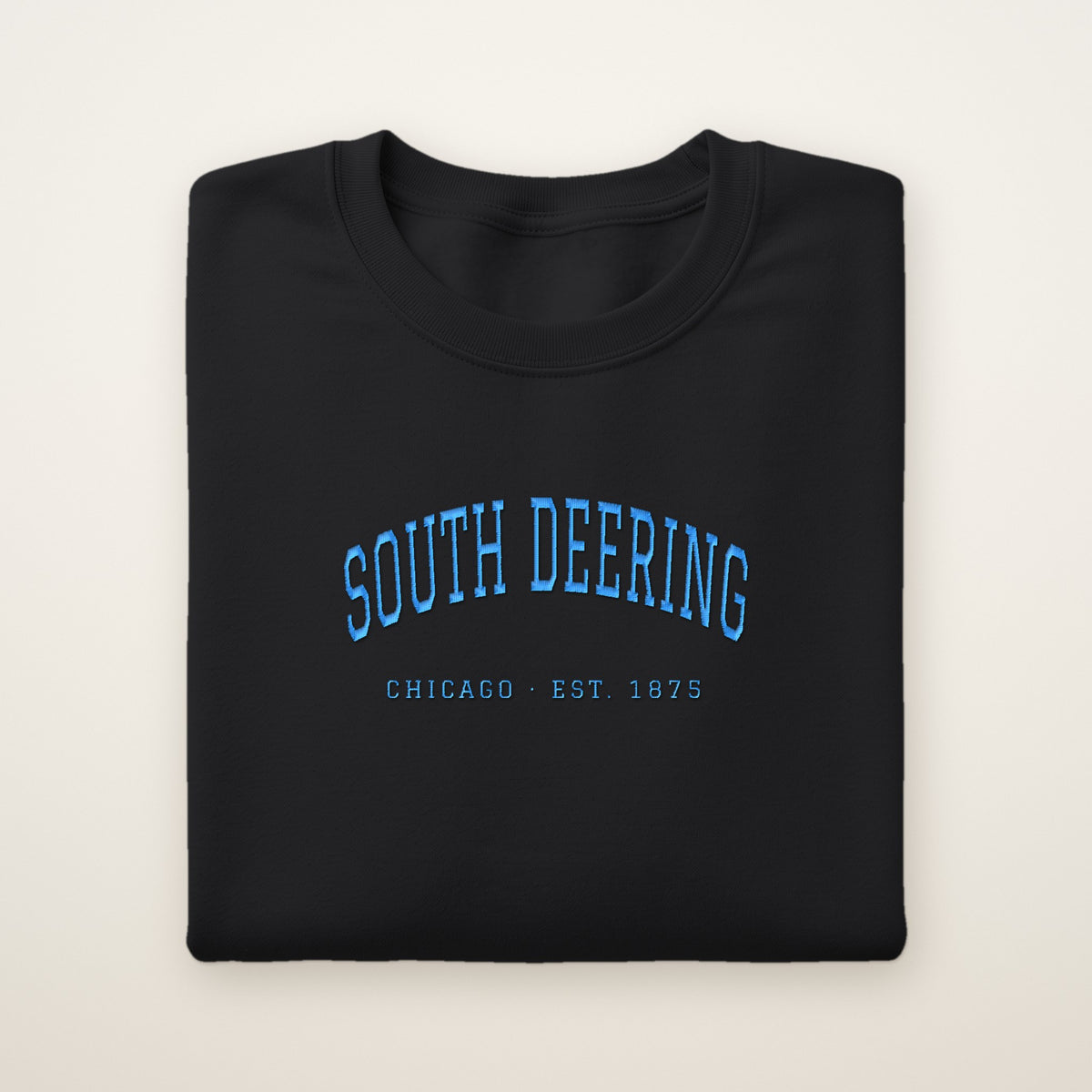 South Deering Chicago Embroidered Crewneck — Sky Blue Thread on Black