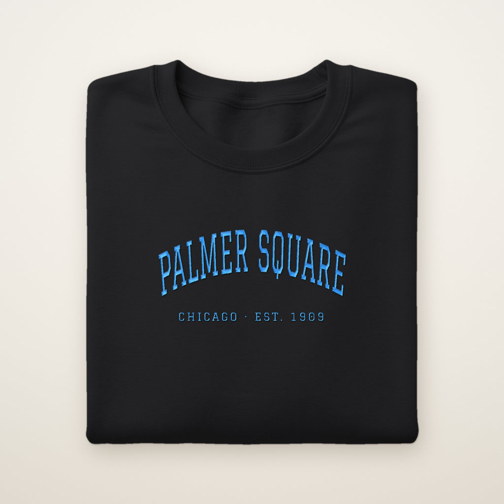 Palmer Square Chicago Embroidered Crewneck — Sky Blue Thread on Black