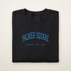Palmer Square Chicago Embroidered Crewneck — Sky Blue Thread on Black