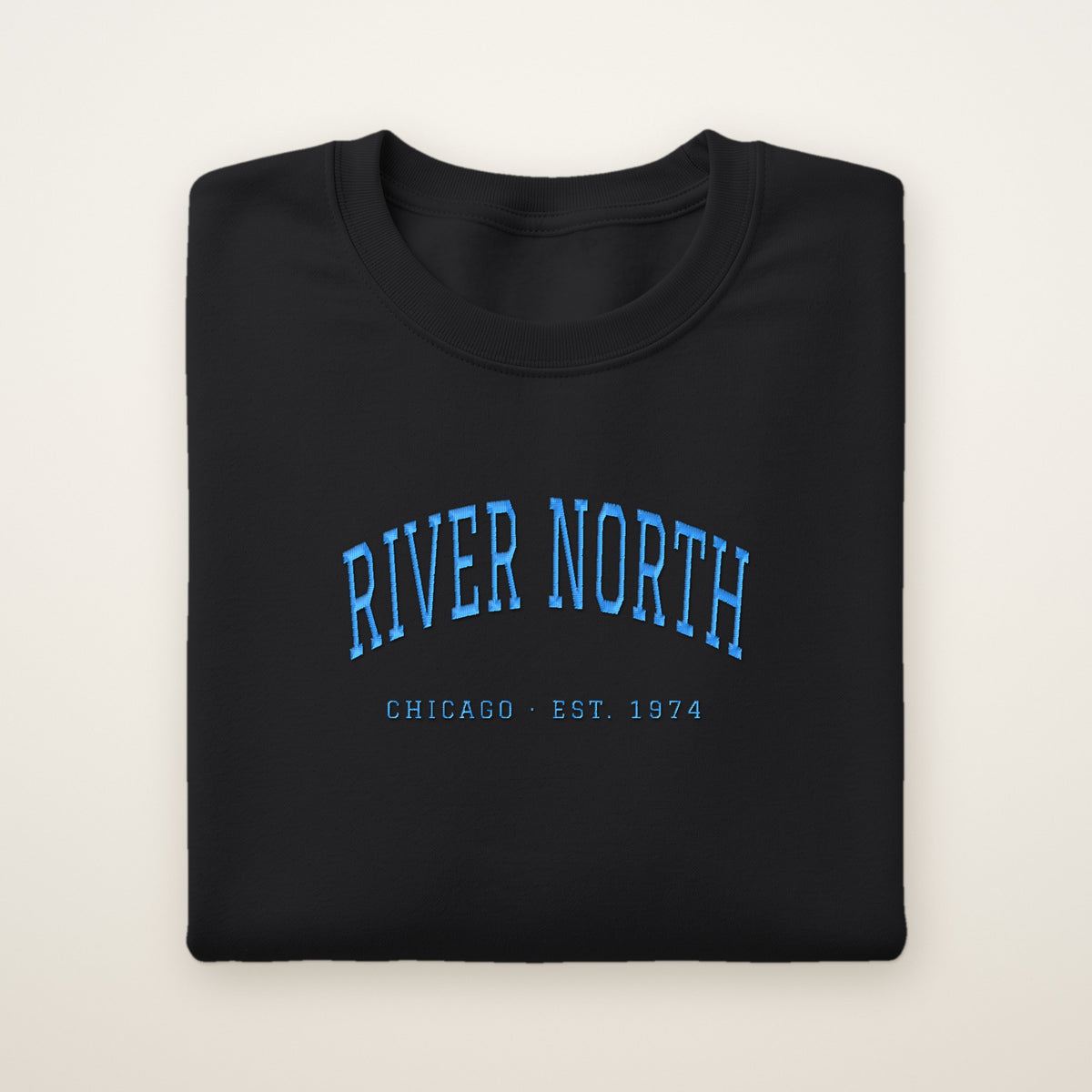 River North Chicago Embroidered Crewneck — Sky Blue Thread on Black