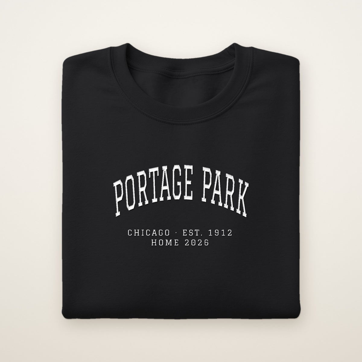 Portage Park Chicago Home 2026 Embroidered Crewneck — White Thread on Black